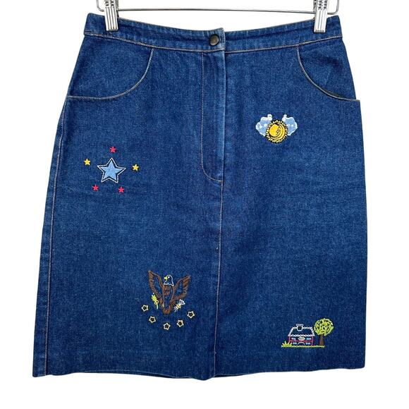 Anna Sui Vintage Embroidered Denim Jean Skirt Size 8 - Picture 1 of 10